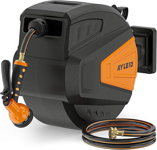 Ayleid Retractable Rubber Hybrid Garden Hose Reel, 1/2"x65ft Wall Mount | Anti-freeze, kink-free premium rubber hybrid hose, 24-month warranty, 9-pattern sprayer, any-length lock, slow auto-return.