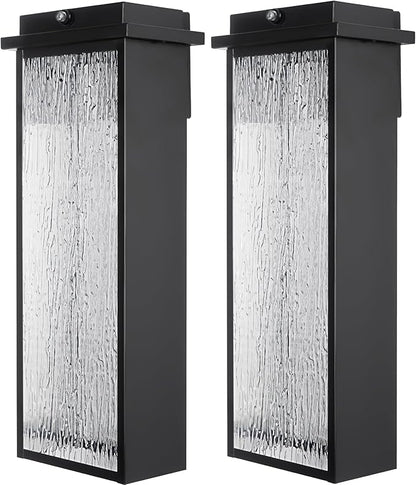 20" Extra Large Dusk to Dawn LED Outdoor Light 2 Packs, Black Modern Exterior Lighting Fixtures, Outside Porch Lights Wall Mount, Mid-Century Wall Lantern with Rippled Glass Patio Sconce Lamp