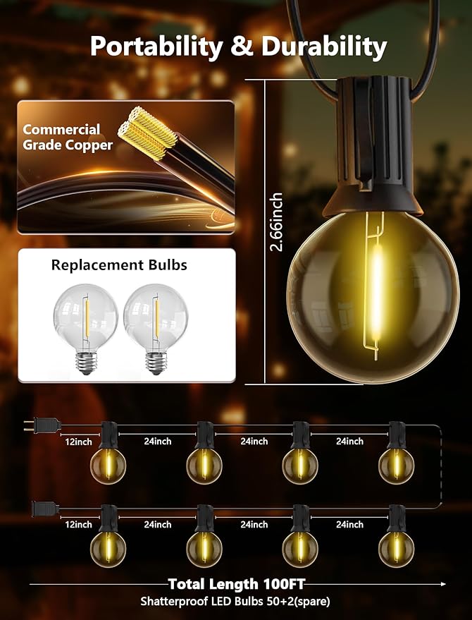 100FT LED Outdoor String Lights, G40 Globe Christmas String Lights Waterproof with 50 Warm White Bulbs & 2 Spare, Connectable Hanging Lights for Patio Backyard Porch Christmas Party Decor