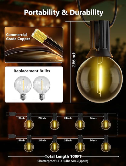 100FT LED Outdoor String Lights, G40 Globe Christmas String Lights Waterproof with 50 Warm White Bulbs & 2 Spare, Connectable Hanging Lights for Patio Backyard Porch Christmas Party Decor