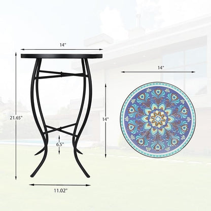 VCUTEKA Mosaic Outdoor Side Table, 14" Round Small Patio Accent Table Indoor End Table for Yard, Garden, Living Room, Bistro Balcony or Lawn