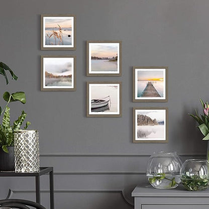 Framed Lake Photo Wall Art: Modern Warm Bright Landscape Painting Relaxing Various Mountain Water View Prints Frames Natural Foggy Forest Gallery Artwork 6 Pieces Small Sunrise Picture for Bedroom