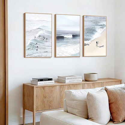 CHDITB Coastal Surfing Framed Canvas Wall Art Set, Ocean Wave Wall Decor, Beach Surfer Artwork, Summer Beachy Painting for Bedroom Dining Room Bathroom Office Decoration 16"x24"X3
