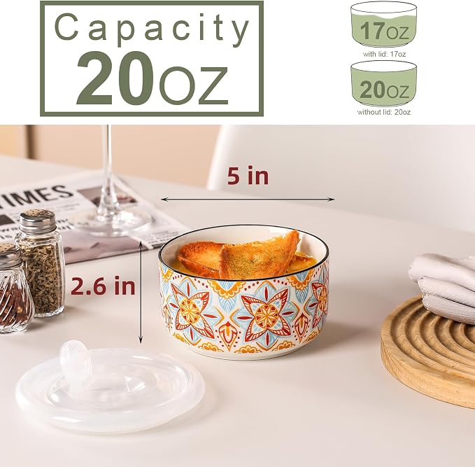 Ceramic Bowl with Lid, Microwave Safe, Set of 6 | Food Storage Containers for Soup, Meal Prep, Cereal, Salad Leftovers - Picnic, Camping, Office Lunch - 20 oz, B-Pattern