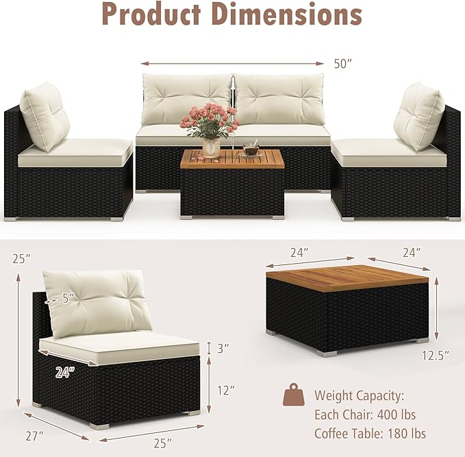 RELAX4LIFE 5-Piece Wicker Outdoor Furniture - PE Rattan Sectional Conversation Set w/4 Armless Sofas & Acacia Wood Coffee Table, Cushioned Patio Sofa Set for Garden Poolside Backyard Porch (Off White)