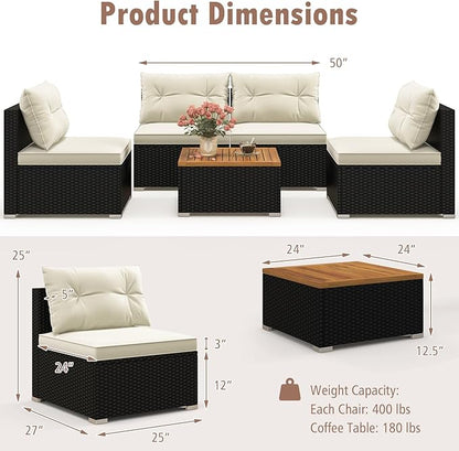 RELAX4LIFE 5-Piece Wicker Outdoor Furniture - PE Rattan Sectional Conversation Set w/4 Armless Sofas & Acacia Wood Coffee Table, Cushioned Patio Sofa Set for Garden Poolside Backyard Porch (Off White)