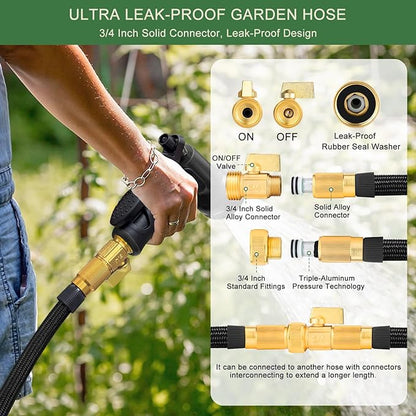 Garden Hose Non-Expandable 25 ft, Lightweight Flexible Water Hose with 10-Pattern Spray Nozzle, Leak Proof, Kink-Free, Portable Hose for Yard, Lawn, Camper, High-Density Fabric, Black