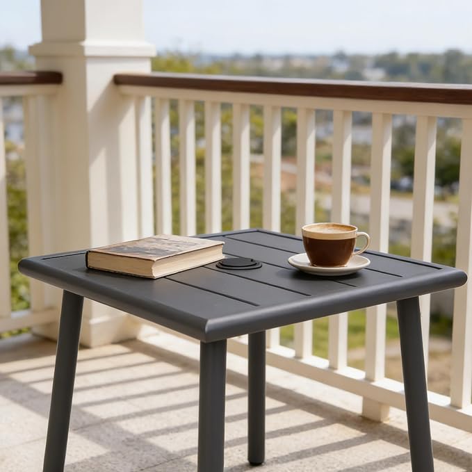 Small Metal Outdoor Side Table with Umbrella Hole, Sqaure Patio Coffee Bistro Table End Table, Umbrella Table with Hole for Poolside Backyard Porch Deck Balcony,19.7x19.7 inches, Black