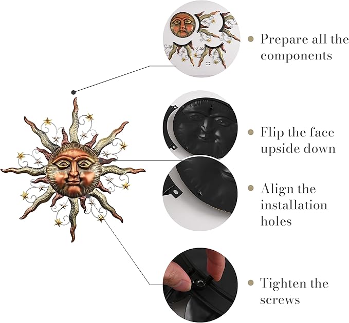 TERESA'S COLLECTIONS Sun Metal Wall Art for Outdoor Decor,32" Bronze Sun Face 3D Wall Decor for Garden Decor,Rustic Retro Hanging Sculpture for Outside Living Room Home Patio Farmhouse Gifts for Mom