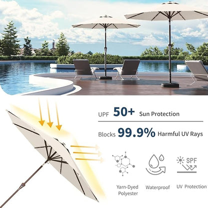 9FT Solar Umbrella 32 LED Lighted Patio Umbrella Table Market Umbrella w/Tilt and Crank, UV-Resistant Outdoor Umbrella for Pool, Garden, Deck, Creamy White