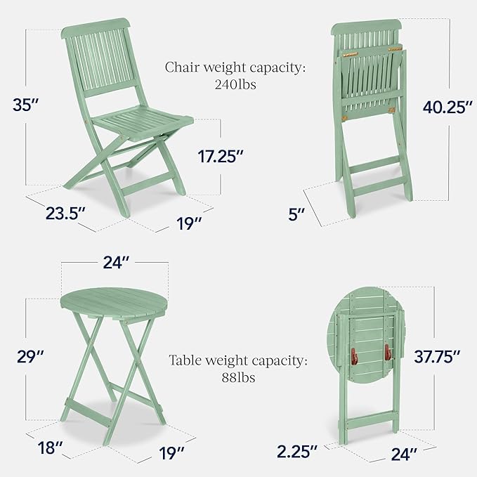 Best Choice Products 3-Piece Acacia Wood Bistro Set, Folding Patio Furniture for Backyard, Balcony, Deck w/ 2 Chairs, Round Coffee Table, Teak Finish - Mint
