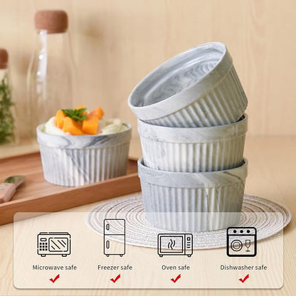 Yundu 8 Ounce Grey Marble Ceramic Ramekins - Perfect for Creme Brulee, Oven Safe Baking Bowls - Set of 6