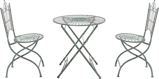 SAFAVIEH Outdoor Collection Belen Victorian Antique Dark Green Wrought Iron 3-Piece Bistro Set