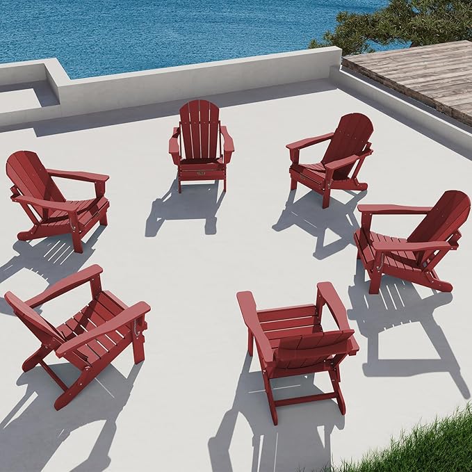 SERWALL Folding Adirondack Chair Set of 8 Weather Resistant for Patio -Red