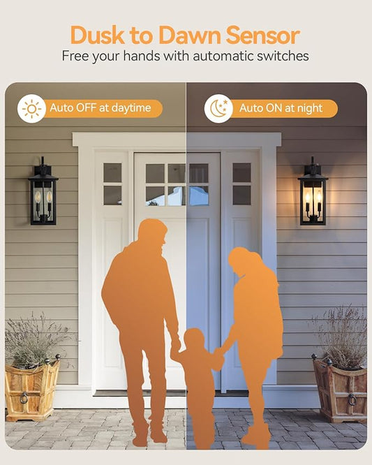 Dusk to Dawn Outdoor Wall Lights for House, Black Exterior Light Fixture with Photocell Sensor, Outdoor Sconce Lights with E12 Base, Waterproof Wall Lantern for Porch Garage Patio, Bulb Not Included