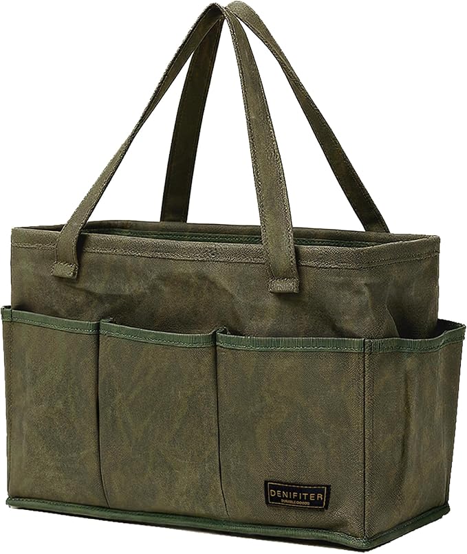 Tool Bag with Metal Frame, Waxed Canvas Wide Open Top Tool Tote Bag with 9 External Pockets, 15.5 x 7.5 x 10.5 Inches (ArmyGreen)