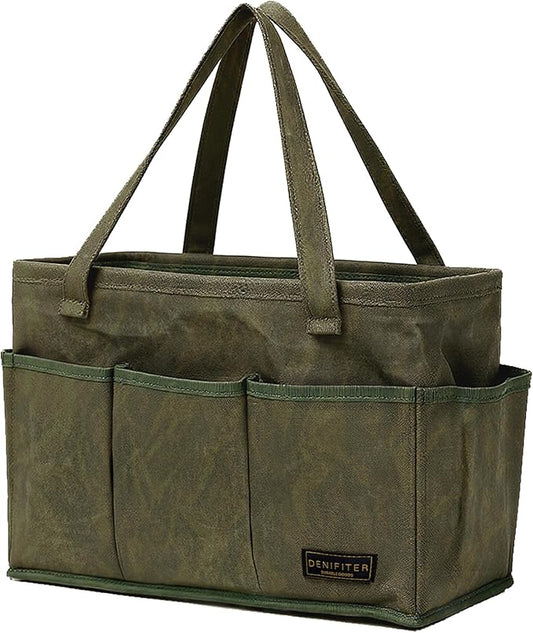 Tool Bag with Metal Frame, Waxed Canvas Wide Open Top Tool Tote Bag with 9 External Pockets, 15.5 x 7.5 x 10.5 Inches (ArmyGreen)