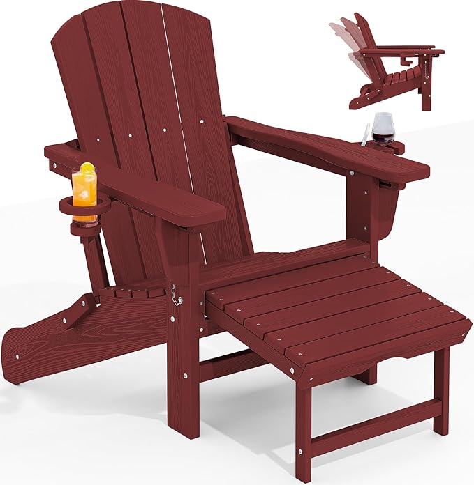 KINGYES Folding Adjustable Adirondack Chair with Ottoman & 2 Cup Holders, HDEP Multifunctional Adirondack Chair with Footrest, Red