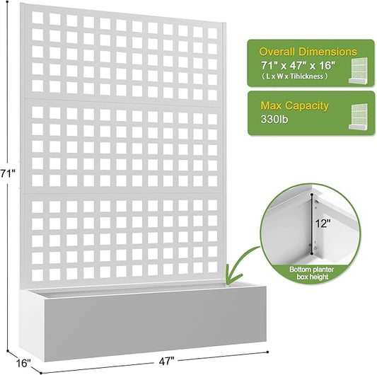 FENCY Metal Raised Garden Bed with Trellis, Metal Planter Box with Trellis, Garden Box for Climbing Plants Vegetable, 47''Lx16''Wx71''H Garden Bed with Drainage Holes(White)