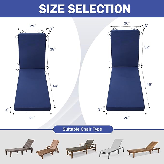 Chaise Lounge Cushions Outdoor, Waterproof Lounge Chair Cushion, 72x 21x 3 Inch Outdoor Chair Cushions with Ties, High-Density Foam Patio Lounge Chair Pads for Lawn, Pool & Beach, Navy