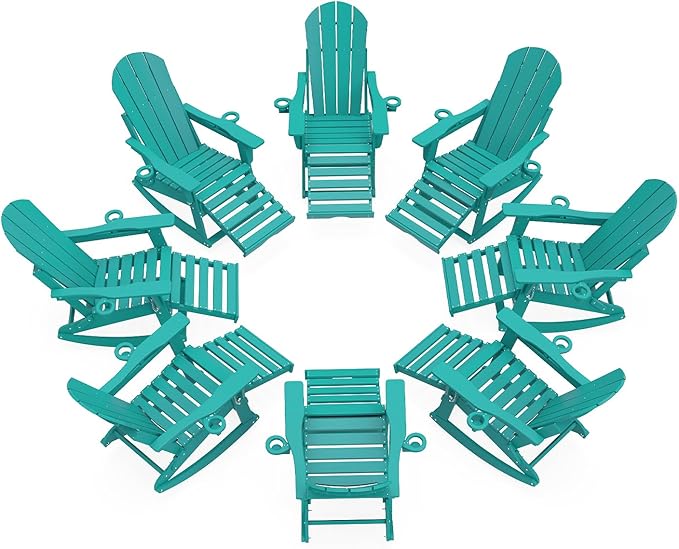 Adirondack Rocking Chairs Set of 8 with Retractable Ottoman, All Weather Folding Adirondack Chair with Two Cup Holders, Adirondack Outdoor Rocking Chairs for Porch, Patio, Balcony. Lake Blue