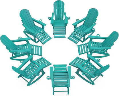 Adirondack Rocking Chairs Set of 8 with Retractable Ottoman, All Weather Folding Adirondack Chair with Two Cup Holders, Adirondack Outdoor Rocking Chairs for Porch, Patio, Balcony. Lake Blue