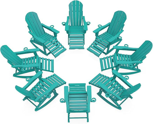 Adirondack Rocking Chairs Set of 8 with Retractable Ottoman, All Weather Folding Adirondack Chair with Two Cup Holders, Adirondack Outdoor Rocking Chairs for Porch, Patio, Balcony. Lake Blue