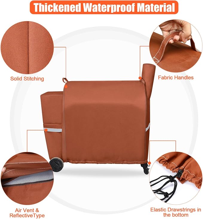 QuliMetal Pellet Grill Cover for Traeger Pro 34/780, Texas Elite 34, Eastwood 34 Series Pellet Grills, Z Grills 700/550/600, 600D Fade Resistant Full Length Grill Cover with Elastic Drawstrings, Brown