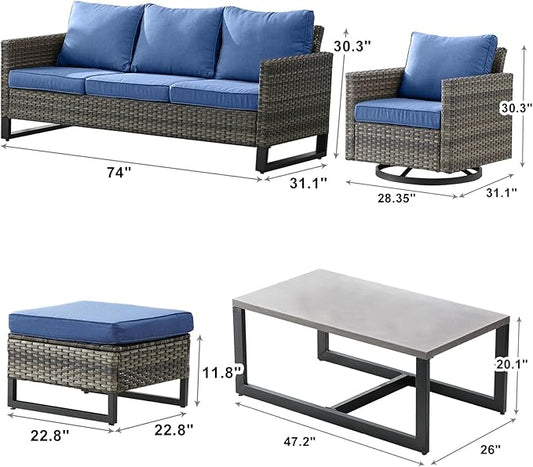 Wicker Outdoor Patio Furniture Set - 8 Piece Patio Conversation Set with 4 Swivel Rocker Chairs,2 Rattan Ottoman,1 Couch and 1 Metal Coffee Table for Outside Porch Deck Backyard(Mixed Grey/Blue)