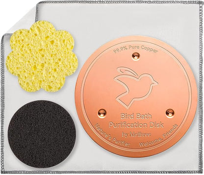 Mellbree Bird Bath Copper Disc & Clean Set, 0.6mm Reinforced 99.99% Pure Copper Cleaning Disk with Cleaning sponges Sandpaper and Microfiber Cloths for Cleaning Bird Baths and Bird Bath Disk