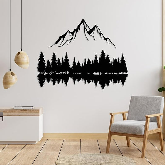 Mountain and Forest Lake Reflection Metal Wall Art, Nature-Inspired Silhouette Decor for Living Room, Bedroom or Office, Large Outdoor Wall Decor, Nature Christmas Décor (Black, 18x14 inches)