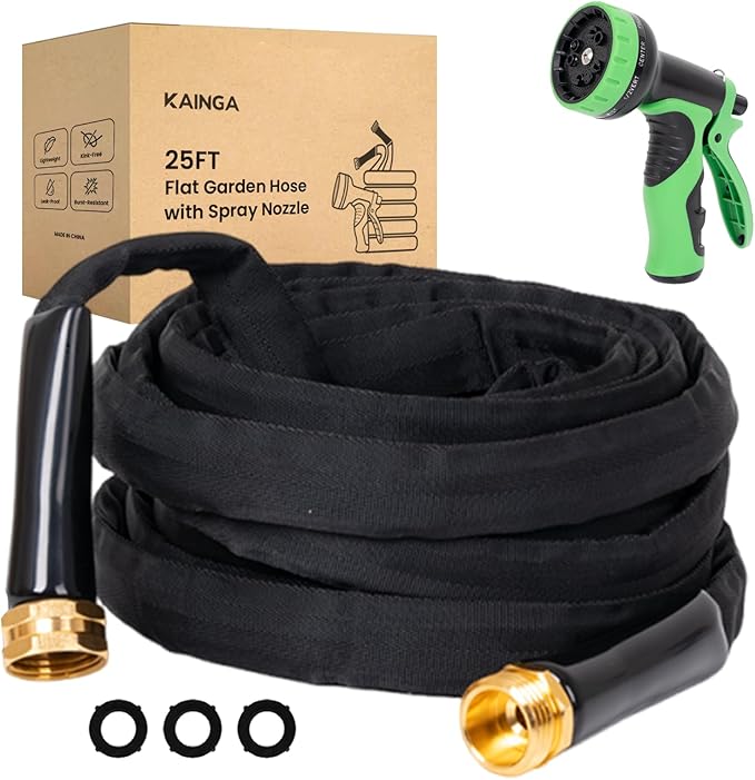 Lightweight Flat Garden Hose 25 FT, 3/4" GHT Flexible Water Hose with Spray Nozzle, Durable 800D Fabric, Kink Free Design, Portable Garden Hose for Lawn, Yard, Car Wash