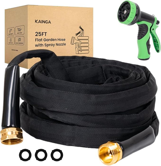 Lightweight Flat Garden Hose 25 FT, 3/4" GHT Flexible Water Hose with Spray Nozzle, Durable 800D Fabric, Kink Free Design, Portable Garden Hose for Lawn, Yard, Car Wash
