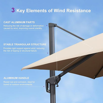 PURPLE LEAF 12FT Cantilever Outdoor Umbrellas Large Patio Umbrella Hanging Double Top Square Offset Umbrella with 360°Rotation Tilting Umbrella Outdoor Patio, Taupe