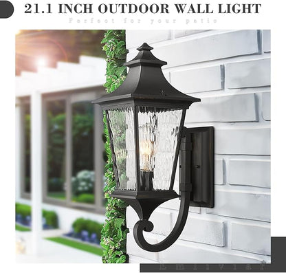 Emliviar 21.1 Inch Farmhouse Outdoor Wall Sconce,1 Light Exterior Wall Lighting in Black Finish Frame, Water Ripple Glass Shade, XE292UB-M SW BK