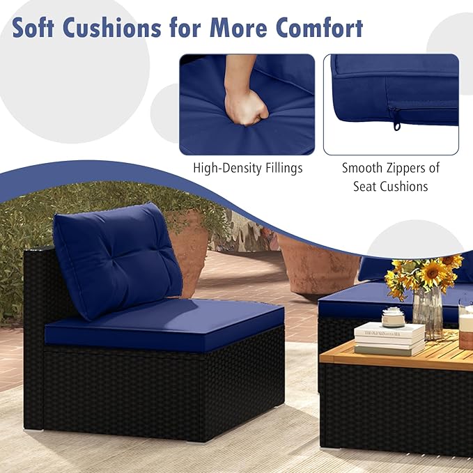RELAX4LIFE 5-Piece Wicker Outdoor Furniture - PE Rattan Sectional Conversation Set w/4 Armless Sofas & Acacia Wood Coffee Table, Cushioned Patio Sofa Set for Garden Poolside Backyard Porch (Navy)