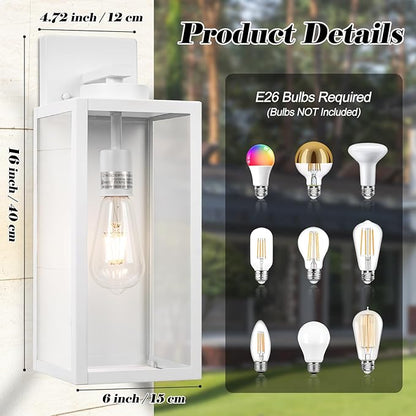 16-inch Large Outdoor Wall Light Fixture, White Exterior Wall Lantern Waterproof, Farmhouse Porch Sconce Lighting with Glass, Modern Outside Lights for House, Garage, Patio Lamp, 2 Packs