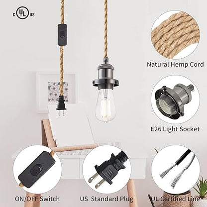 15.4ft Pendant Light Cord Kit, Industrial Vintage Plug in E26 Socket Hanging Light with Switch, Hemp Rope Hanging Light Fixture for Pendant Lamp Farmhouse Lamp Cable DIY