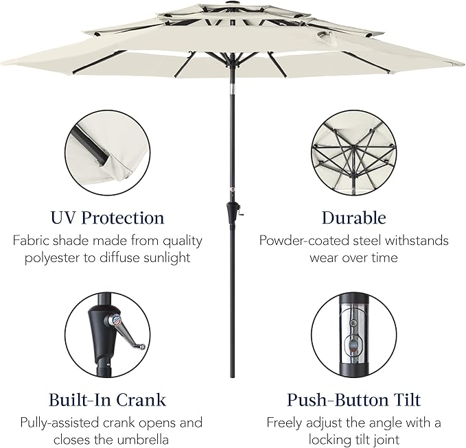 Best Choice Products 10ft 3-Tier Market Patio Umbrella, Outdoor Sun Shade with Tilt, Crank Lift, 8 Ribs for Backyard, Deck, Poolside – Ivory