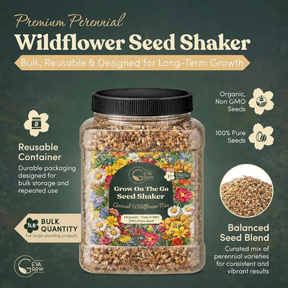 Wildflower Seed Shaker – Annual Mix by GevaGrow | 17 Variety Flower Seeds for Planting in Pots & Outdoor Gardens, Bulk 300,000+ Seeds - 1 Pound Tub