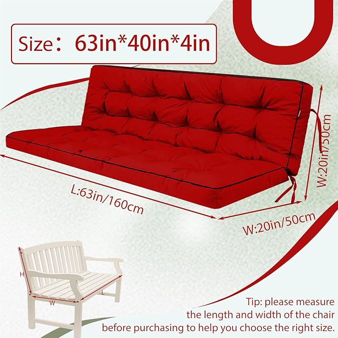 2/3 Seater Swing Replacement Cushion, Waterproof Porch Swing Cushions with Backrest, Thickened Bench Cushions for Outdoor Furniture, for Outdoor Patio Swing (Red, 63 * 40in)