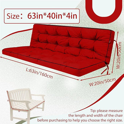 2/3 Seater Swing Replacement Cushion, Waterproof Porch Swing Cushions with Backrest, Thickened Bench Cushions for Outdoor Furniture, for Outdoor Patio Swing (Red, 63 * 40in)