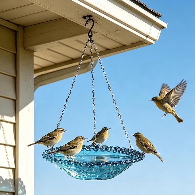 3-Tier Hanging Solar Bird Bath Fountain, Solar Pump Cascading Water Feeder with 16.4FT Extra Long Cord, Large Bird Bowl for Hummingbirds Wild Birds (4PCS-Bule)
