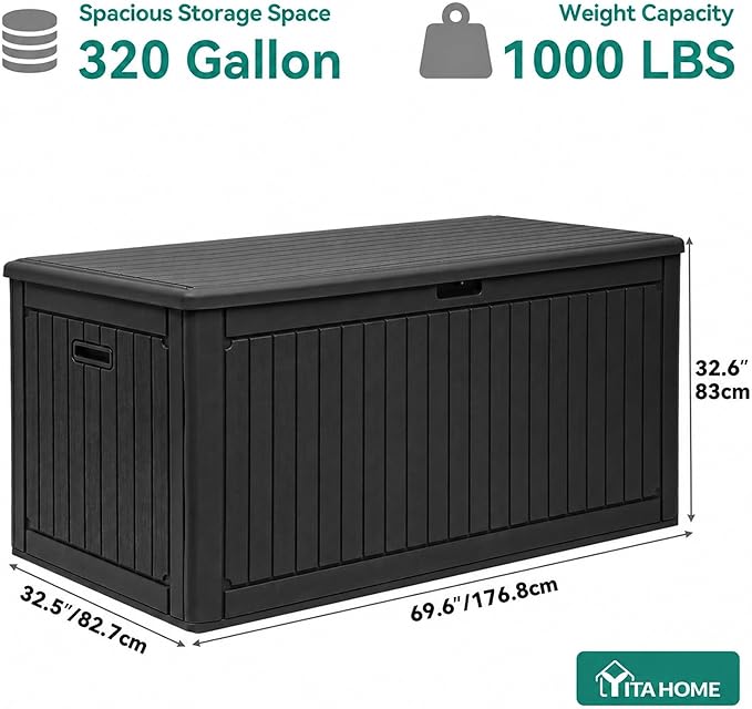 YITAHOME 320 Gallon Double-Wall Deck Box with Divider & Side Handles, Outdoor Large Storage for Patio Furniture Cushions, Garden Pool Accessories, Water Resistant & Lockable