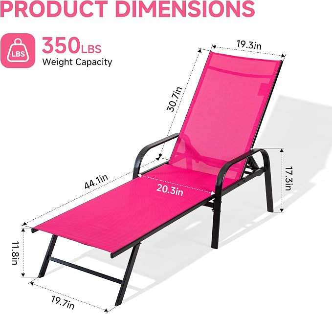 DUMOS Outdoor Lounge Chaise, 5-Position Chaise Lounge with Armrests, Sun Tanning Chair 350 lbs Heavy Duty Patio Pool Chair, Waterproof Sun Lounger for Deck, Backyard, Beach & Poolside, Pink