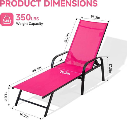 DUMOS Outdoor Lounge Chaise Set of 2 for Poolside Patio, 5-Position Chaise with Armrest, Sun Tanning Chair 350 lbs Heavy Duty Patio Pool Chair, Waterproof Lounge for Deck,Backyard, Beach,Pink