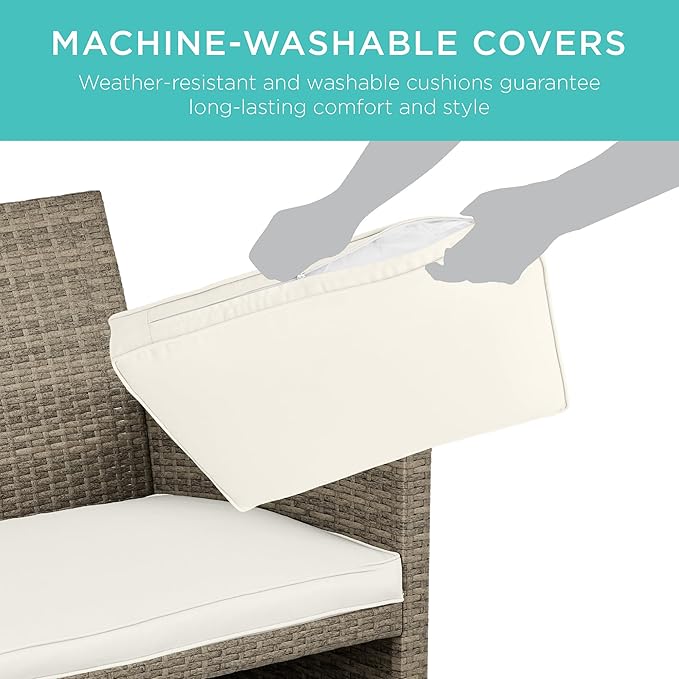 Best Choice Products 4-Piece Outdoor Wicker Patio Conversation Furniture Set for Backyard w/Coffee Table, Seat Cushions - Taupe/White Sand