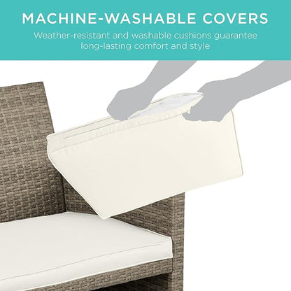Best Choice Products 4-Piece Outdoor Wicker Patio Conversation Furniture Set for Backyard w/Coffee Table, Seat Cushions - Taupe/White Sand