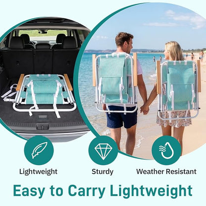Outvita 2 Pack Folding Beach Chair, 4 Position Adjustable Reclining Lounge Chair with Padded Headrest, Large Rear & Side Storage Pockets, Lightweight Portable Outdoor Chair for Beach Pool Garden BBQ