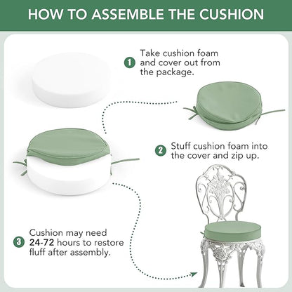 Summsun Outdoor Bistro Chair Cushions Set of 4, 15" D x 3" H Round Chair Cushions Waterproof and Fade Resistant Chair Cushion Pads with Non-Slip Ties and Removable Covers for Garden, Sage Green
